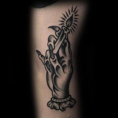 Hand Holding Candle Retro Guys Arm Traditional Tattoos Candle Hand Tattoo, Candlestick Tattoo, Traditional Candle Tattoo, Hand Holding Candle, Hand Holding Tattoo, Lighter Tattoo, Candle Tattoo Design, Praying Hands Tattoo Design, Underboob Tattoo Designs