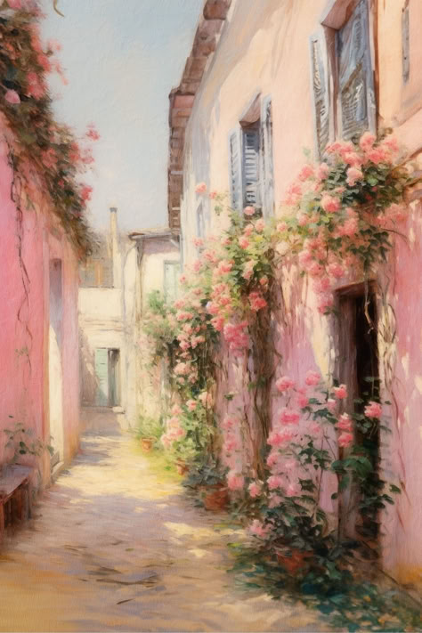 A vintage painting of a european alleyway with flowers growing up the sides of the walls. Vintage Pastel Aesthetic, Cute Flower Drawing, Pink Artwork, Flowers Growing, Artsy Aesthetic, Pastel Poster, Italy Wall Art, Watercolor Paintings For Beginners, Flower Art Drawing