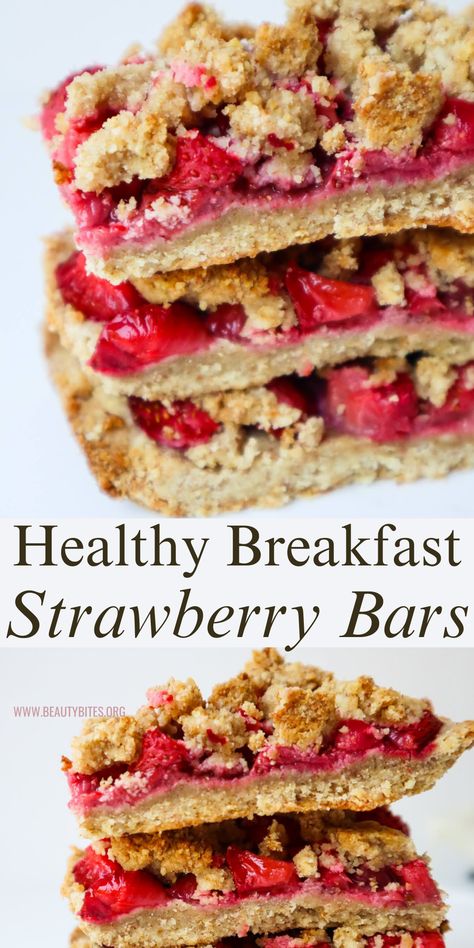 Healthy Breakfast Strawberry Bars With Oats - Beauty Bites Healthy Strawberry Desserts Clean Eating, Strawberry Oatmeal Breakfast Bars, Easy Strawberry Desserts Healthy, Weight Watchers Granola Bars, Strawberry Breakfast Recipes Healthy, Strawberry Breakfast Recipes, Healthy Breakfast Strawberry, Strawberry Oat Bars, Oatmeal Strawberry