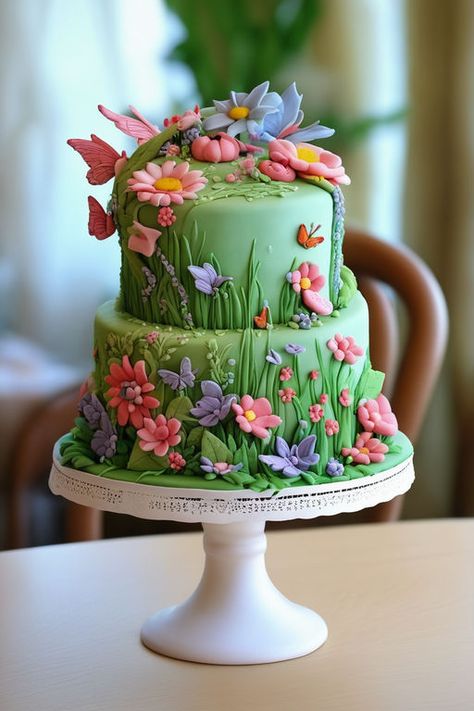 Floral Fantasy Cake, Flower Cake Fondant, Flower Fairy Cake, Fairy Garden Cakes, Garden Cakes Birthday, Fairy Garden Cake Ideas, Birthday Esthetics, Fairy Birthday Cakes, Fairy Cake Ideas