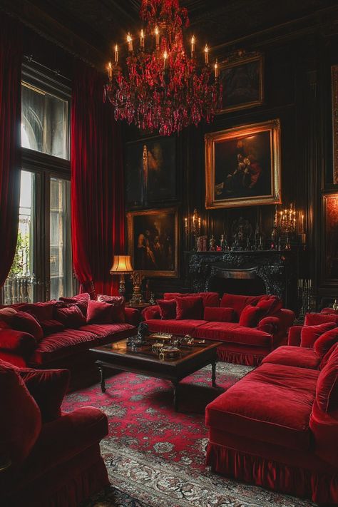 29 Western Gothic Living Room Ideas to Create a Moody and Cozy Atmosphere Dark Red Interior Design, Vampire Living Room, Dark Red Living Room, Gothic Interior Decor, Gothic Living Room Ideas, Goth Glamour, Interactive Backgrounds, Victorian Gothic Decor, Dark Academia Interior