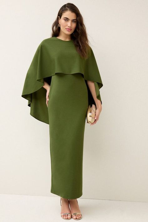 Mother Of The Bride Dresses With Cape, Cape Over Dress, Cape For Dress, Cape Dresses, Green Cape, Formal Maxi Dress, Dress With Cape, Olive Green Dress, Womens Trendy Dresses