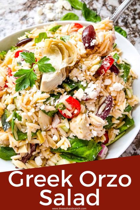 Greek Orzo Salad - Three Olives Branch Orzo Greek Salad, Veggie Packed Pasta, Salad Artichoke, Orzo Greek, Side For Bbq, Italian Family Dinner, Orzo Recipes Side, Ricotta Salad, Cauliflower Rice Salad