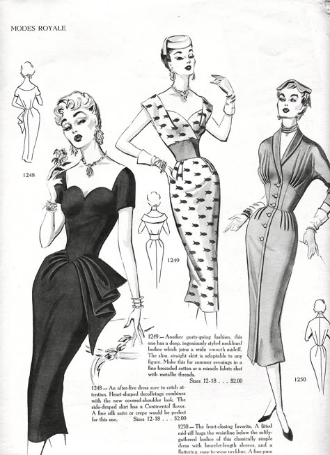 Vintage Fashion Sketches, Patron Vintage, 1950 Fashion, Fashion Illustration Vintage, Vintage Dress Patterns, Vintage Couture, Fashion Design Sketches, Fashion Plates, Look Vintage