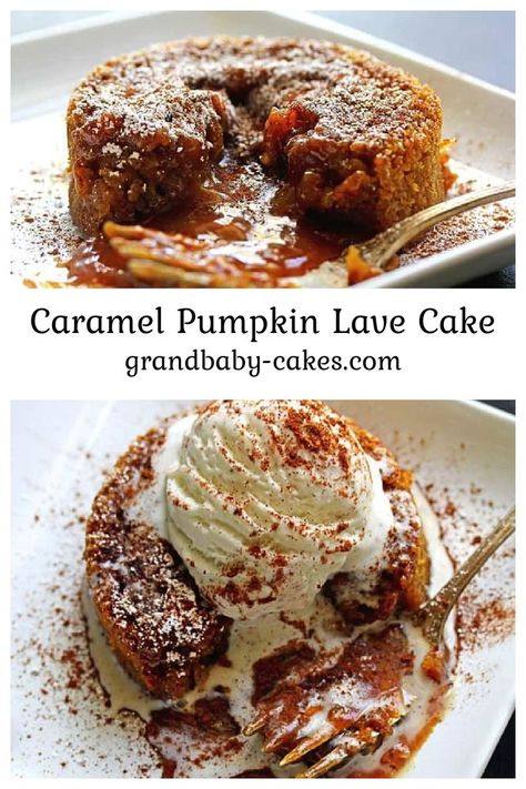 Pumpkin Molten Lava Cake, Pumpkin Lava Cake, Pumpkin Lava Cake Recipe, Caramel Lava Cake, Best Fall Desserts, Best Thanksgiving Desserts, Lava Cake Recipe, Delish Cakes, Molten Cake