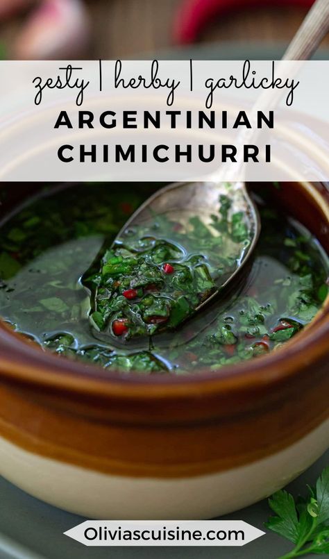 Authentic Argentinian Chimichurri is zesty, herby and garlicky, making it the perfect sauce to serve with grilled meat! A staple of South American cuisine, this chimichurri recipe is easy to make and ready in less than 5 minutes! Argentinian Chimichurri Sauce, Argentine Chimichurri Recipe, Argentina Chimichurri Recipe, Chimichurri Recipe Argentina, Holiday Chimichurri, Chimmichuri Recipes Easy, Authentic Argentinian Recipes, Argentinian Side Dishes, Authentic Chimichurri Sauce