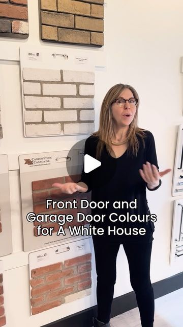 Jane Lockhart on Instagram: "Energizing Colours For White Exterior Homes 🏡   Does your home have white siding or white brick? If so, you’re in luck! Unlike homes that have red, orange, pink or beige undertones, a home with white brick or siding can do many colour variations.   I’d suggest sticking to taupes and charcoal for your garage door and siding. For front doors, you have so many options. Try a new colour each year if you can!   • • • #frontdoorcolour #garagedoor #whitehouse #whitehome #outdoorpaint #designtips #madabouthue #colourtips #colortips #designtrends #kitchendesign #designinspiration #interiordesignideas #homedecor #homedesign #design #designinterior #interiordesign #livingroomdesign #designer #instadesign #janelockhart #janelockhartdesign" White Brick House With Garage, Garage Door Stucco House, Garage Doors White Brick House, Door Colors For Brick House, Blonde Brick House Exterior, White Exterior Homes, White Siding Exterior, White Brick House Exterior, Beige House Exterior