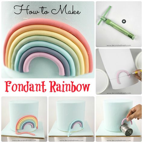 How To Make Fondant Rainbow, Fondant Rainbow Tutorial, Fondant Clouds, Fondant Rainbow Cake Topper, Unicorn Number Cake, Rainbow Topper, Fondant Unicorn Cake Toppers, Fondant Rainbow, Rainbow Layer Cakes