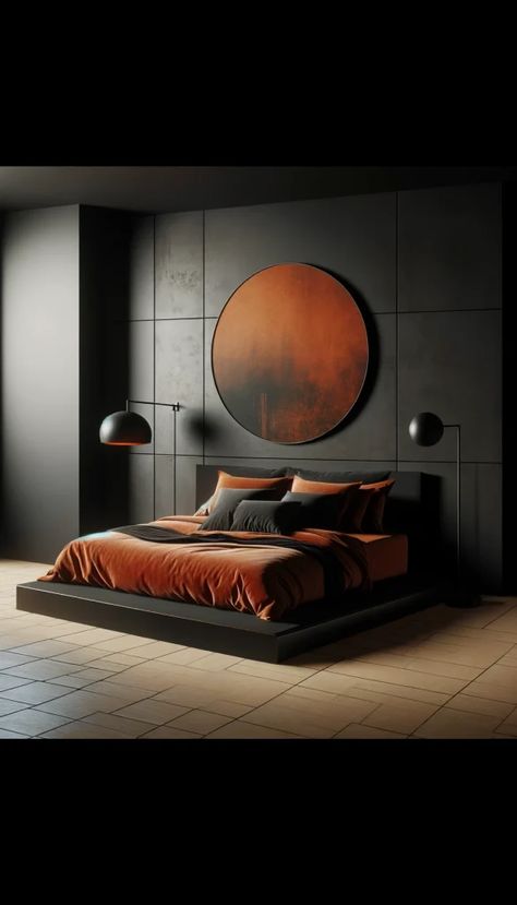 Orange Black White Bedroom, Gray And Rust Bedroom Ideas, Black And Burnt Orange Bedroom, Rust Bedroom Ideas, Black And Copper Bedroom, Black And Rust Bedroom, Red Black Bedrooms, Rust Bedroom, Orange Bedroom Walls