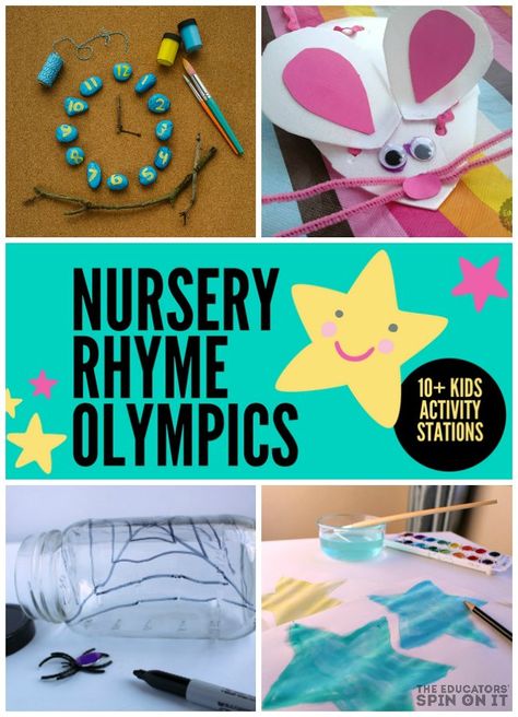 Nursery Rhyme Olympics for Kids. 10+ Learning Ideas to go with popular children's nursery Rhymes from Mother Goose Nursery Rhyme Lessons, Playdough Ideas, Nursery Ryhmes, Nursery Rhyme Party, Nursery Rhyme Crafts, Nursery Rhymes Preschool, Nursery Rhyme Theme, Nursery Rhymes Activities, Easy Mother's Day Crafts