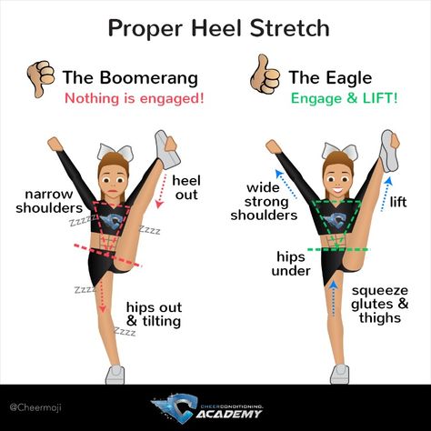 Cheerleaders: a boomerang is not a cheer shape! Work on the progression of your heel stretch with correct muscle engagement and technique to stay more stable in the air! #CheerTipTuesday #BodyBeforeSkill   #CheerTips #CheerTipTuesday #Cheerleading #Cheer #CheerStunts #CheerTeam #Cheerleaders How To Do Heel Stretch, How To Get Heel Stretch, Stretches For Heel Stretch, Cheer Workouts At The Gym, How To Memorize Cheers, How To Do Cheer Stunts, How To Get Your Heel Stretch, Cheer Flyer Drills, Heel Stretch Cheerleading