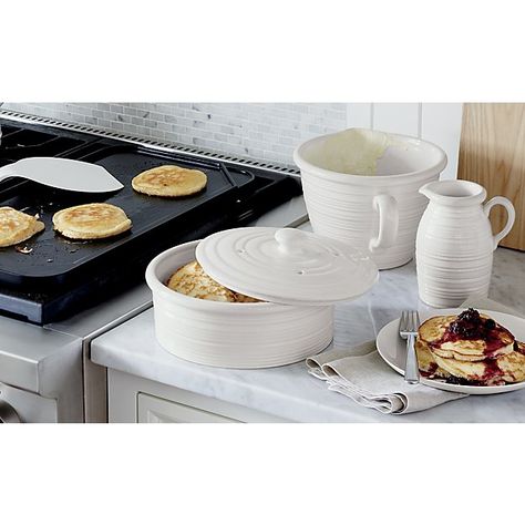 Shop Farmhouse White Pancake Warmer.  Gather for a hearty pancake breakfast or supper with a heap of steamy flapjacks kept warm for serving. Pancake Warmer, Savory Cakes, Best Kitchen Tools, Pancake Breakfast, Farmhouse White, Batter Bowl, Stoneware Dishes, Breakfast Pancakes, Thrown Pottery