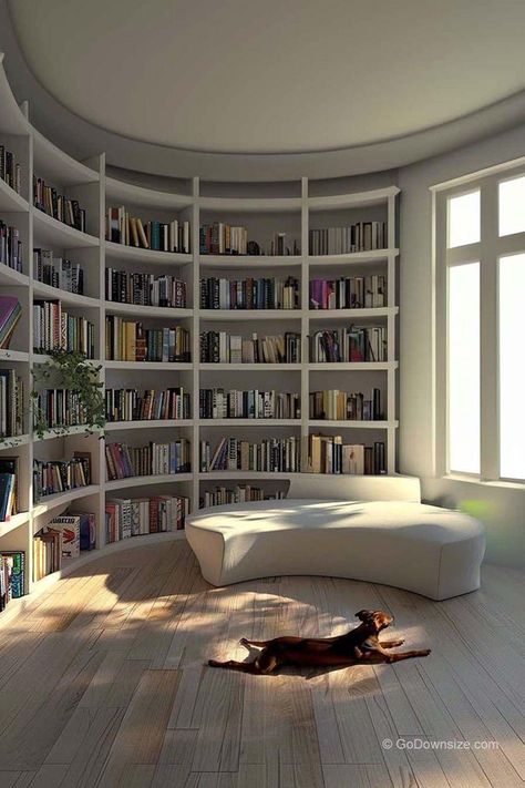 Corner Shelves Library, Floor To Wall Bookshelf, Round Room Ideas, House Design Library, Home Library With Glass Doors, Round Room Interior Design, Small House Library, Modern Library Aesthetic, In House Library