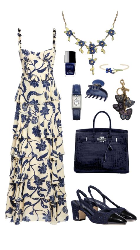 Navy blue floral dress #navy #outfitinspo #blue #blueaesthetic #floral #flowers #dress Blue Floral Dress Outfit, Floral Dress Outfit, Navy Blue Outfit, Floral Dress Outfits, Navy Blue Floral Dress, Outfits For Mexico, Spring Outfits Dresses, Modesty Outfits, Flowers Dress