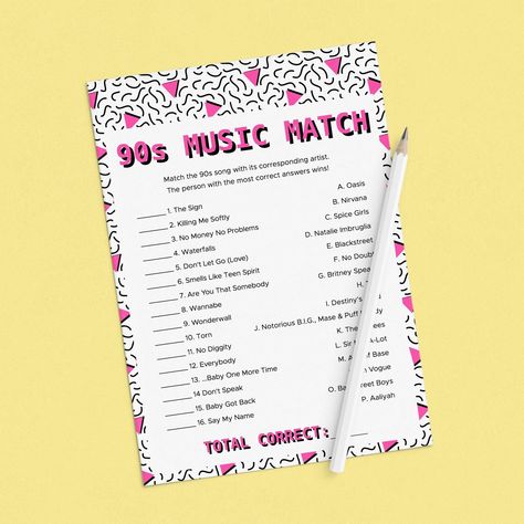 90s Music Match Game Printable Match the Music from the 1990s Theme Party Ideas Memphis Icebreaker Game Nineties Song Matching Adults NT1 1990s Theme Party, Theme Party Ideas, 90s Songs, Killing Me Softly, Ice Breaker Games, Match Game, 90s Party, 90s Music, Game Printable