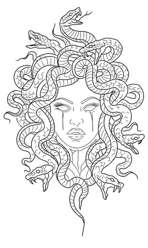 Artemis Goddess Art Drawing, Medusa Line Drawing, Medusa Coloring Page, Odysseus Tattoo, Medusa Chest Tattoo, Feminine Medusa Tattoo, Medusa Line Art, Medusa Tattoo Stencil, Greek Goddess Tattoo