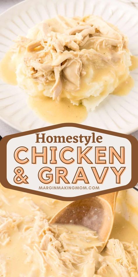 This chicken and gravy recipe is a southern classic comfort food! It's easy to make, and we love to serve it over mashed potatoes, noodles, rice, or biscuits. It's SO good--the type of old-fashioned meal your grandma would've made! Chicken Dressing Gravy, Chicken Gravy Biscuits, Hot Chicken Sandwiches Gravy Mashed Potatoes, Gravy Meals Dinners, Biscuits And Gravy Chicken, Easy Meal Dinner Ideas, Chicken And Chicken Gravy Recipes, Leftover Chicken Gravy Recipes, Chicken Gravy And Biscuits Easy