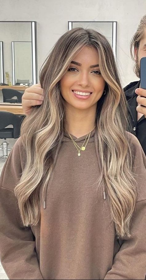 Stunning Hair Color Ideas with Brilliant Shine for Long Hair Sandy Blonde With Dark Roots, Different Blonde Balayage, Dark Brown Hair With A Lot Of Highlights, Brown With Blonde Dimension, Ashy Brown Hair Medium Length, Dimensional Blonde Hair Color Ideas, Brown To Ashy Blonde Balayage, Lighter Highlights On Brown Hair, Brown Eye Hair Color