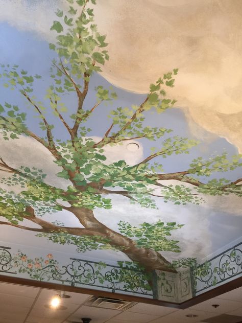 A view of the tree and the sky of day painted on the restaurant ceiling.The painting suggests clouds and leaves stirred by a gentle summer breeze. www.janwolfstudio.com Forest Ceiling Mural, Ceiling Painted Like Sky, Garden Ceiling, Woodland Mural, Fairy Garden Art, Ceiling Mural, Restaurant Ceiling, Paint My Room, Sky Ceiling