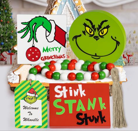 Grinch Christmas Decorations - Christmas Tiered Tray Decor - Green Christmas Wood Signs Bead Garland - Farmhouse Grinch Decor for Table Mantel Xmas : Home & Kitchen Merry Grinchmas Sign, Christmas Boxes Decoration, Christmas Wood Signs, Decor For Table, Christmas Tiered Tray Decor, Grinch Decorations, Christmas Tiered Tray, Grinch Christmas Decorations, Grinch Ornaments