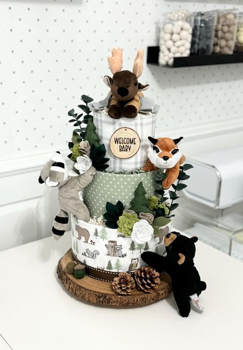 Large Sage Green and Gray Woodland Diaper Cake Baby Shower Birthday Baby Sprinkle Gift / Centerpiece - Etsy Woodland Theme Diaper Cake, Hiking Baby Shower Theme, Woodlands Baby Shower Theme, Woodland Baby Shower Theme Centerpieces, Woodsy Baby Shower Ideas, Jungle Theme Diaper Cake, Woodland Creature Baby Shower, Woodland Diaper Cake, Safari Diaper Cake