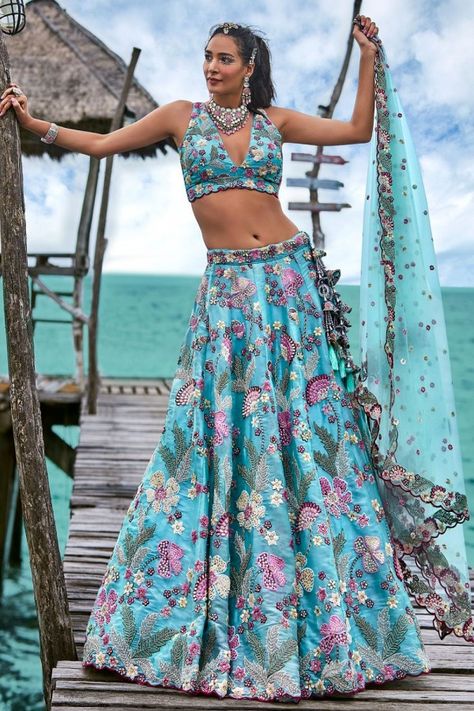 Aqua Blue Organza Embroidered Bridal Lehenga Set Sequins Lehenga, Embroidery Lehenga, Cyan Colour, Blue Organza, Organza Lehenga, Turquoise Blue Color, Lehenga Choli Online, Ghagra Choli, Blue Party