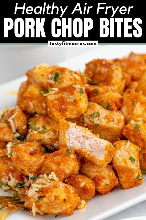 WOW! Just made these Air Fryer Pork Chop Bites and they are delicious! Healthy, packed with protein, and super quick & easy to make. They come out perfectly crispy on the outside, yet incredibly tender and moist inside. Ideal for anyone looking for a quick meal prep option that’s deliciously simple. Trust me, you need to try this! Air Fryer Pork Chop Bites, Pork Chop Bites, Macros Recipes, Easy Sausage Recipes, Air Fryer Pork, Healthy Air Fryer, Air Fryer Pork Chops, Quick Meal Prep, High Protein Meal Prep