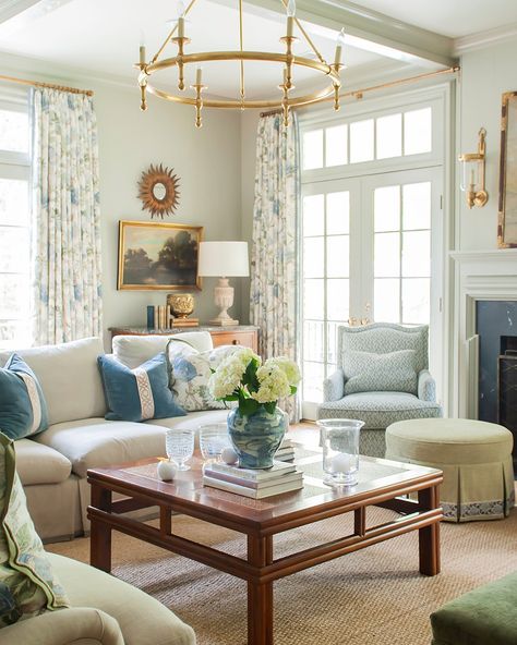 Podcast, Ep. 177: antique dealer Debbie Mathews | How to Decorate Formal Living Room No Fireplace, Family Room Design Traditional, Thibaut Living Room, One Kings Lane Living Room, Blue Green Family Room, Classic Style Living Room Decor, Blues Greens Living Room, Southern Living Family Room, Blue Green Wood Living Room