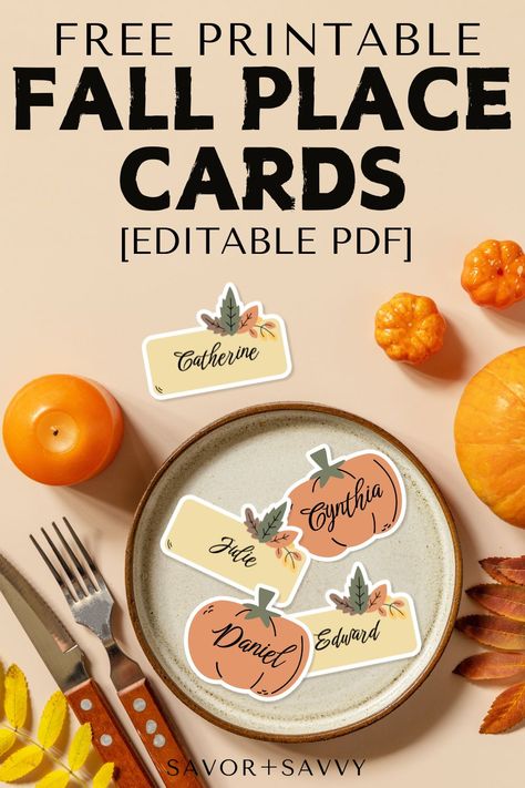 Need some last minute fall table decorations? These free printable place cards are the answer! Simply download, edit with your guests' names, and print. The set includes cute pumpkin-shaped cards and elegant leafy designs to complement each other and match your decor. They're perfect for Thanksgiving, Friendsgiving, or any autumnal celebration! via @savorandsavvy Free Printable Place Cards, Fall Place Cards, Thanksgiving Name Cards, Fall Table Decorations, Free Fall Printables, Free Thanksgiving Printables, Printable Place Cards, Thanksgiving Friendsgiving, Thanksgiving Place Cards