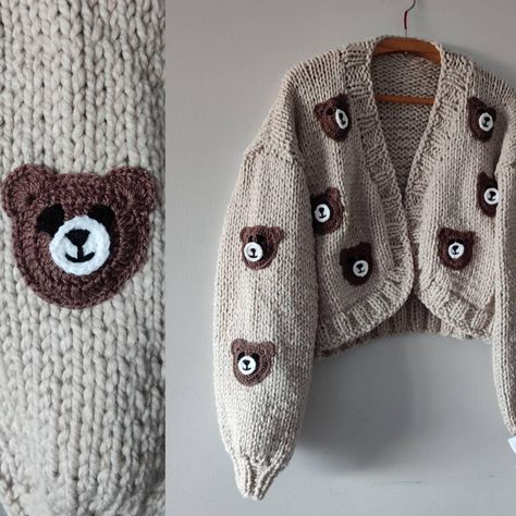 Bear Sweater Crochet, Crochet Bear Cardigan, Crochet Bear Clothes, Hand Knitted Sweaters For Women Handmade, Hand Knitted Sweaters For Women, Christmas Unique Gifts, Handmade Applique, Crochet Cardigan Tutorial, Chunky Yarn Crochet