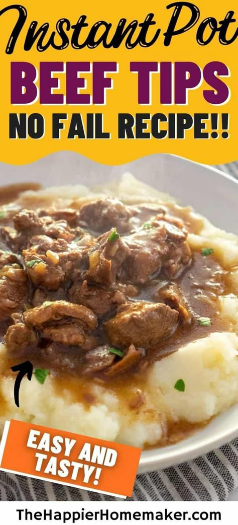 Instant Pot Beef Tips are tender and flavorful thanks to pressure cooking in a savory brown gravy. Serve these easy beef tips over mashed potatoes or rice for the ultimate comfort food meal. Easy Beef Tips And Gravy Instant Pot, Beef In Instant Pot Recipes, Recipe With Stew Meat Instant Pot, Instant Beef Tips, Pressure Cook Beef Tips, Sirloin Beef Tips Recipes Instant Pot, Instant Pot Baked Steak And Gravy, Stewed Beef Instant Pot Recipes, Instant Pot Stew Meat And Gravy