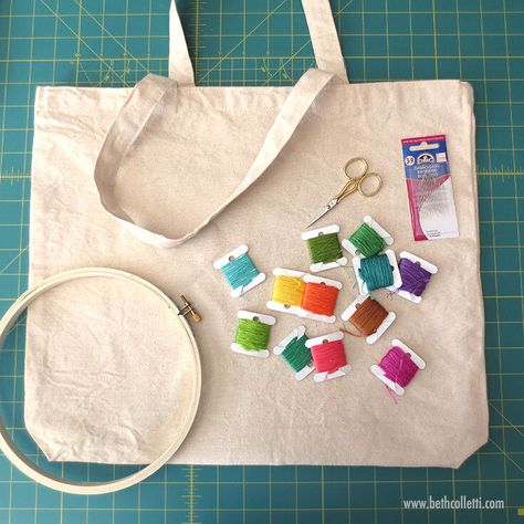 How to Decorate a Tote Bag with Hand Embroidery — Beth Colletti Art & Design Hand Embroidery Canvas Bag, Embroider Canvas Bag, Embroidery On Canvas Bag, Embroidery On Bags Totes, Decorate Canvas Bag, Embroider Tote Bags, Hand Embroidery Bag, Embroidery Bags Ideas, Canvas Tote Bag Design Ideas