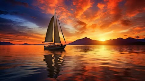 Sail boat silhouette photo at sunset Ocean Horizontal, Boat Background, Sailboat Pictures, Sailing Pictures, Boat Landscape, Horizontal Photos, Boat Silhouette, Ship Silhouette, Boat Sunset