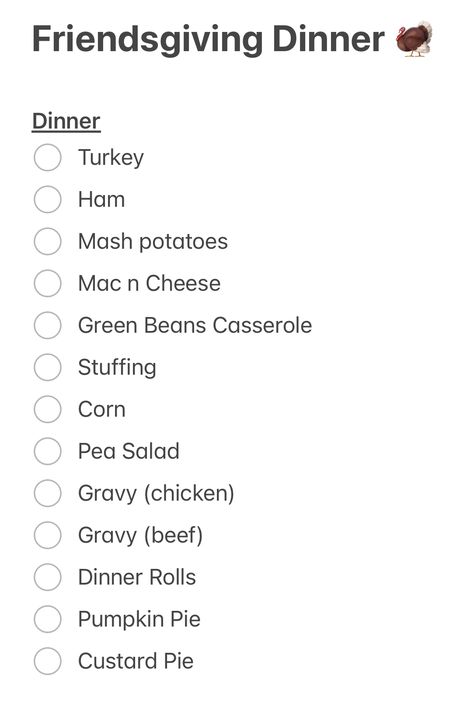 Food Ideas List, Cheese Green Bean Casserole, Dinner Potluck, Friendsgiving Food Ideas, Friendsgiving Food, Turkey Ham, Friendsgiving Dinner, Pea Salad, Chicken Gravy