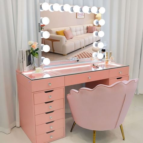 l With 15 LED Bluetooth Mirror：This mirror is 39.5'' W × 5.9'' L × 32.3'' H，it has 15 LED Bulbs，the Bulbs can be replace.The brightness can be adjustable .The mirror carries a Bluetooth function that makes it easy to connect to your cell phone. l Size:… Bedroom Ideas Aesthetic Pink, Vanity Pink, Aesthetic Mirrors, Pastel Pink Vanity, Pink Vanity For Kids, Pink And Whit Vanity, Vanity Mirrod With Lights, Hello Kitty Impressions Vanity Mirror, Teen Room Designs