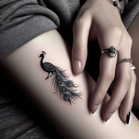 Black Peacock Tattoo, Peacock Thigh Tattoo For Women, Pavo Real Tattoo, Peacock Tattoo Black And White, Peacock Tattoo Ideas, Small Peacock Tattoo, Olivia Tattoo, Peacock Tattoo Designs, Peacock Tattoos