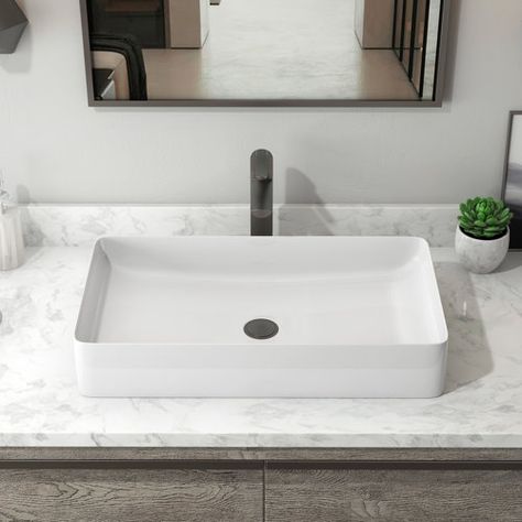 DeerValley Ally 20" x 14'' Rectangular Vitreous China Vessel Bathroom Sink | Wayfair Bathroom Vanity Vessel Sink, Vanity Vessel Sink, Countertop Bathroom, Vessel Bathroom Sink, Bathroom Countertops, Basement Bathroom, Vessel Sinks, Vessel Sink, Bathroom Sink