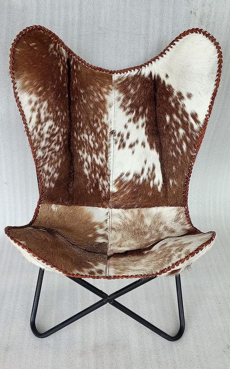 Handmade Leather Living Room Butterfly Chair Tan Side Hand Stitch Leather Butterfly Chair for Relaxing with Folding Iron Frame Vintage Arm Chair Home Décor (Hairon White & Dark Brown) Cowprint Accent Chairs, Western Accent Chair, Cow Horn Chair, Cow Print Chair, Leather Butterfly, Leather Butterfly Chair, Cowhide Chair, Chair For Living Room, Hand Stitch