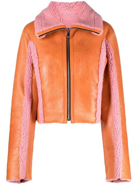 two-tone leather jacket Embroidery On Leather Jacket, Diesel Clothing, Dope Clothes, Cool Coats, Versace Outfit, Chic Leather, Black Tweed, Orange Fashion, Marc Fisher