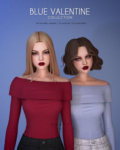 Off Shoulders Sweater - Blue Valentine Collection | Patreon Sims 4 Cas Mods, White Off Shoulder Top, Valentine Collection, Pelo Sims, Sims 4 Game Mods, Sims 4 Cc Skin, Blue Valentine, Sims 4 Dresses, Sims 4 Characters