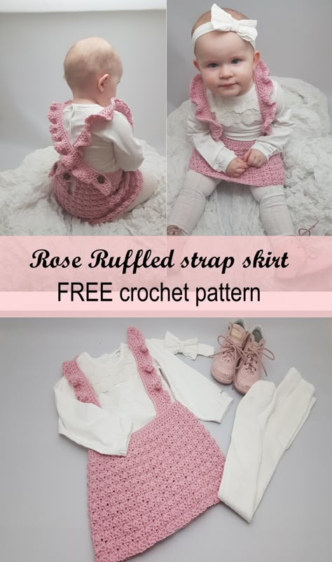 Crochet Baby Dress Free Pattern, Crochet Baby Dresses, Crochet Baby Girl Dress, Baby Crochet Patterns, Crochet Baby Dress Pattern, Strap Skirt, Crochet For Babies, Crochet Ruffle, Crochet Kids