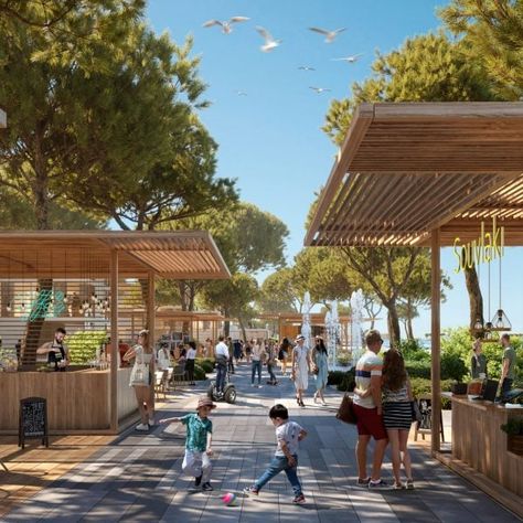 Foodcourt Design Outdoor, Pavilion Architecture Public Spaces, Resort Master Plan, Waterfront Architecture, Plaza Design, Town Planning, Public Space Design, Foster Partners, Public Market