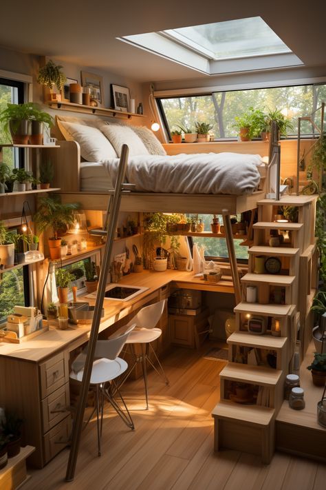 Smart Interior Ideas, Loft Bedroom Ideas For Small Rooms, Small Loft Bed, Attic Loft Bedroom Ideas Sloped Ceiling, Tiny Home Designs Interiors, Bedroom Ideas Loft Bed, Space Saving Tiny House, Lofted Bed Ideas, Tiny House Bed Ideas