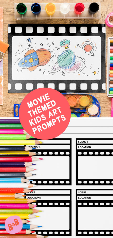 Our movie-themed art prompts for kids sitting on a table with art supplies Movie Art Projects, Movie Poster Art Project, Movie Posters School Project, Movie Theme Arts And Crafts, Movie Themed Activities, Hollywood Crafts For Kids Activities, Storytelling Through Art, Hollywood Crafts For Kids, Movie Poster Board School Project