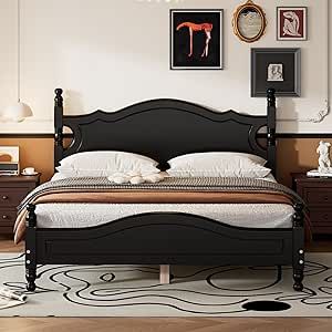 Harper & Bright Designs Queen Size Platform Bed with Headboard, Retro Style Queen Size Bed Frame, Queen Wood Bed Frame with Slat Support for Bedroom, No Box Spring Needed (Black) Queen Wood Bed Frame, Queen Wood Bed, Poland House, Black Bed Frames, Lady Jessica, Bed Frame Queen, Platform Bed With Headboard, Queen Size Bed Frame, Wood Platform Bed Frame