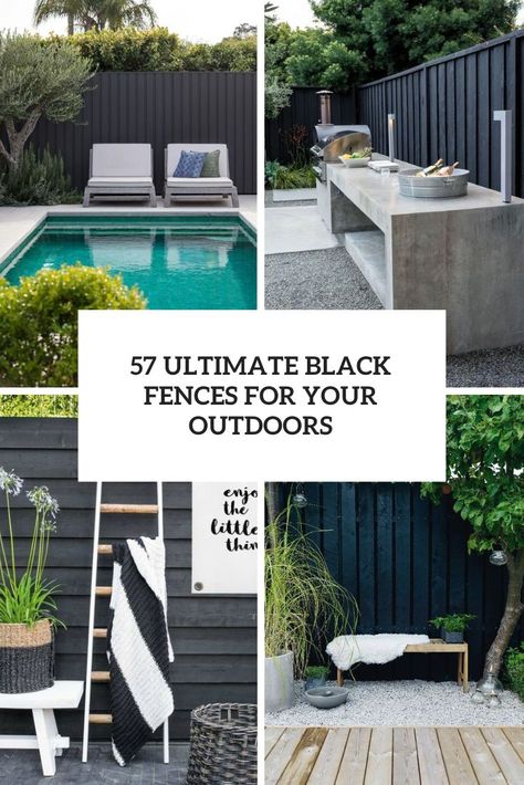 Ultimate Black Fences For Your Outdoors Black Front Fence, Black Garden Fence Ideas, Black Fences, Black Garden Fence, White Garden Fence, Colorful Landscaping, Corrugated Metal Fence, Concrete Outdoor Kitchen, Halloween Haunted House Decorations