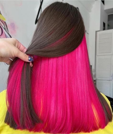 Brown Hair With Bright Red Underneath, Hot Pink Underdye Hair, Dye Under Hair, Hot Pink Underneath Hair, Pink Under Hair, Hot Pink Peekaboo Hair, Red Underdye Hair, Pink Underdye Hair, Pink Underneath Hair