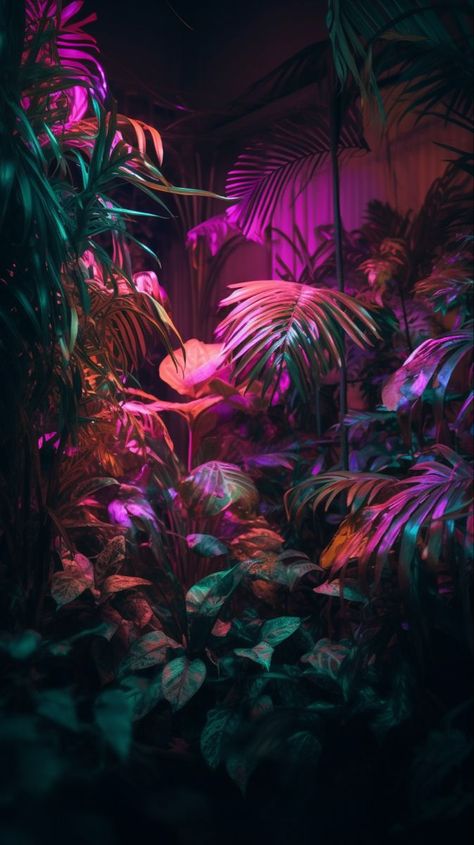 Neon Plants Wallpaper, Neon Jungle Theme Party, Pink Jungle Aesthetic, Neon And Plants, Tropical Nightclub, Tropical Goth Aesthetic, Neon Jungle Aesthetic, Tropical Neon Party, Tropigoth Aesthetic