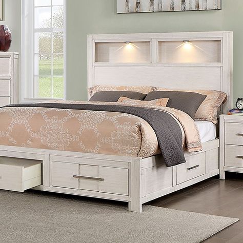 Furniture of America CM7500WH KARLA Bed Designs With Storage, White Queen Bed, Bookcase Bedroom, Luxury Beds, Too Much Stuff, Side Drawers, Bed With Led Lights, Bookcase Bed, Cal King Bedding