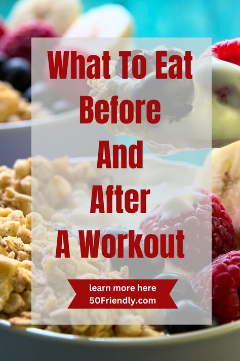 What to eat before and after a workout.  Your body needs fuel – needs the energy to get an effective exercise.  Does it have to be a full meal?  No. But what you do eat should consist of protein and carbs.  Click the link and see which foods are best for before a workout and after a workout.  Click the link or visit 50friendly.com to see the full list What Should I Eat After A Workout, Foods To Eat Before A Workout, Eat Before Or After Workout, After Work Out Food, Work Out Food, Food After Workout, What To Eat After A Workout, What To Eat Before A Workout, Workout Meals